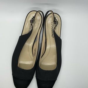 Trotters Dea Black Satin Tip/Black Micro Suede. Adjustable Sling Strap Shoes